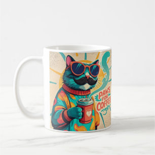 Katze mit überdimensionaler Sonnenbrille und einem Kaffeetasse