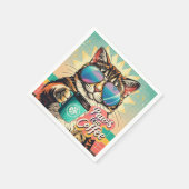 Katze mit übergroßer Sonnenbrille und Kaffee Serviette (Ecke)
