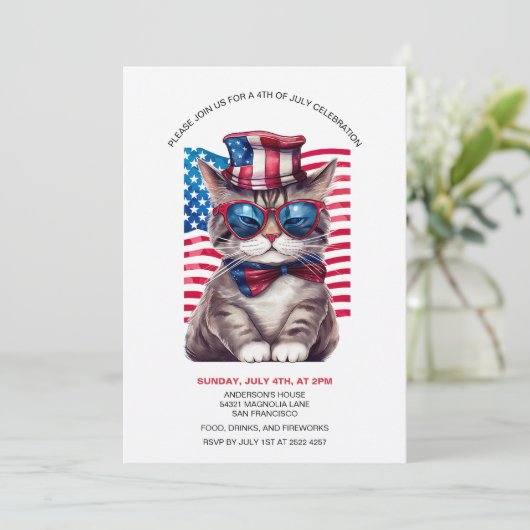 Katze mit Uncle Sam Hat 4. Juli Einladungen (Stehend Vorderseite)