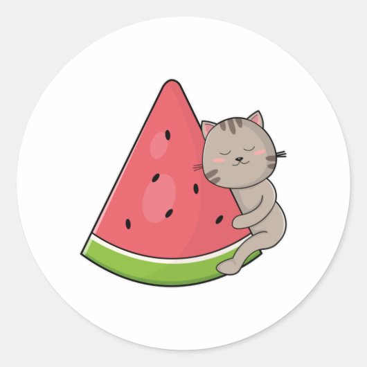 Katze mit Watermelon Runder Aufkleber (Vorderseite)