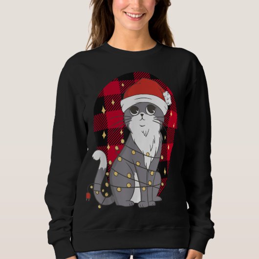 Katze mit Weihnachtsbaumleuchten, Buffalo Karierte Sweatshirt (Vorderseite)