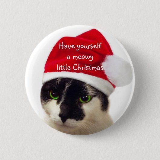 Katze mit Weihnachtsmannmütze Button (Vorderseite)