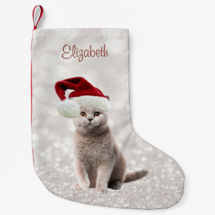 Katze mit Weihnachtsmannmütze, Glitter-Bokeh Kleiner Weihnachtsstrumpf