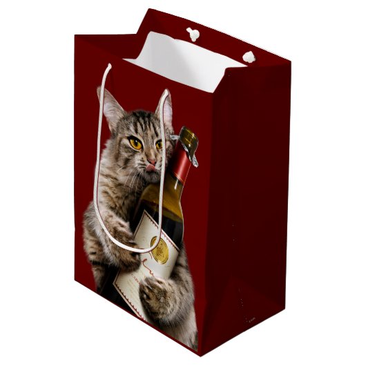 Katze mit Weinflasche Mittlere Geschenktüte (Vorderseite Schrägansicht)