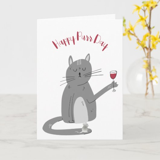 Katze mit Weinglas Geburtstag Karte (Gelbe Blume)