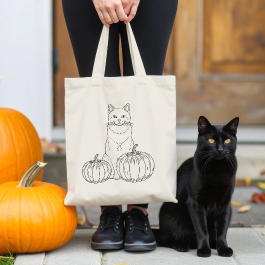 Katze mit zwei Pumpkins Line Art Niedliches Hallow Tragetasche