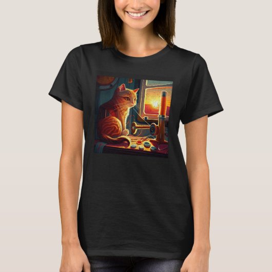 Katze näht Buntes T-Shirt (Vorderseite)