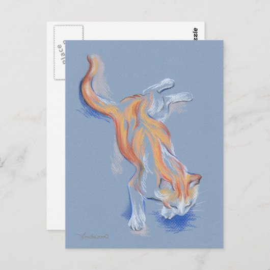 Katze Pastel Orange und weiße Tablette auf blauem  Postkarte (Vorne/Hinten)