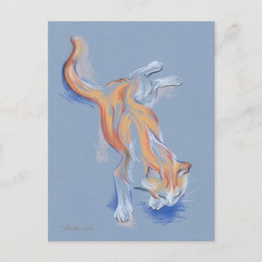 Katze Pastel Orange und weiße Tablette auf blauem  Postkarte (Vorderseite)
