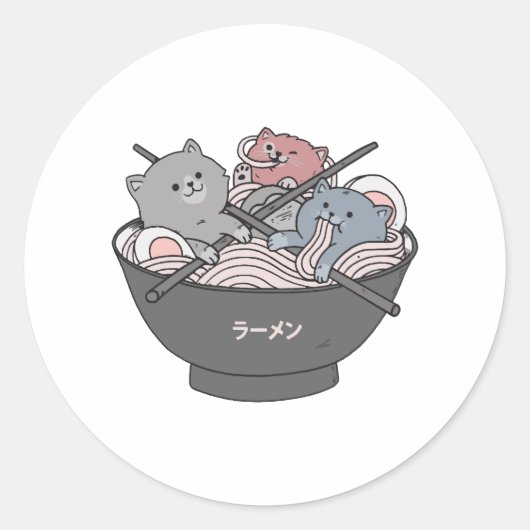 Katze Ramen Kawaii Runder Aufkleber (Vorderseite)