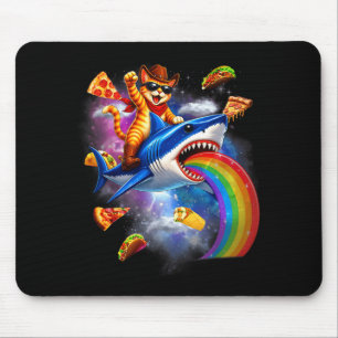 Katze reitet auf Hai Regenbogen Pizza Taco Galaxie Mousepad