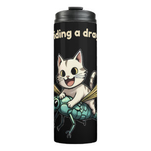 Katze reitet auf Libelle Katzenkunst-Geschenk für Thermosbecher