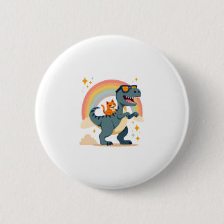 Katze Reitet Dinosaurier T-Rex Kätzchen Regenbogen Button