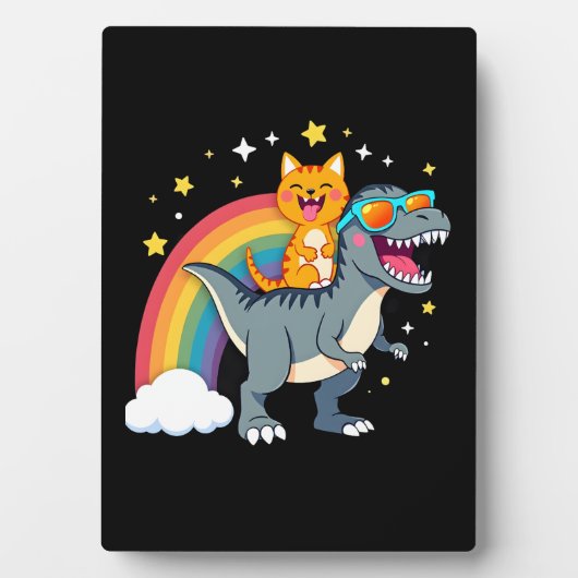 Katze Reitet Dinosaurier T-Rex Kätzchen Regenbogen Fotoplatte (Vorderseite)