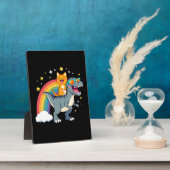 Katze Reitet Dinosaurier T-Rex Kätzchen Regenbogen Fotoplatte (Seite)
