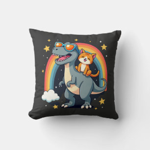 Katze Reitet Dinosaurier T-Rex Kätzchen Regenbogen Kissen