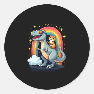 Katze reitet Dinosaurier T-Rex Kätzchen Regenbogen Runder Aufkleber