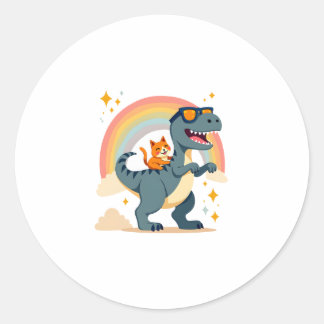Katze Reitet Dinosaurier T-Rex Kätzchen Regenbogen Runder Aufkleber