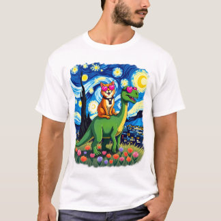 Katze Reitet Dinosaurier T-Rex Sternen Nacht Katze T-Shirt