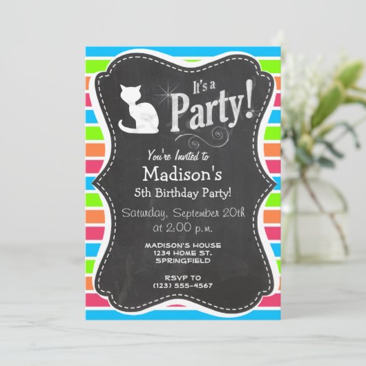 Katze; Retro Neon Rainbow Einladung (Stehend Vorderseite)
