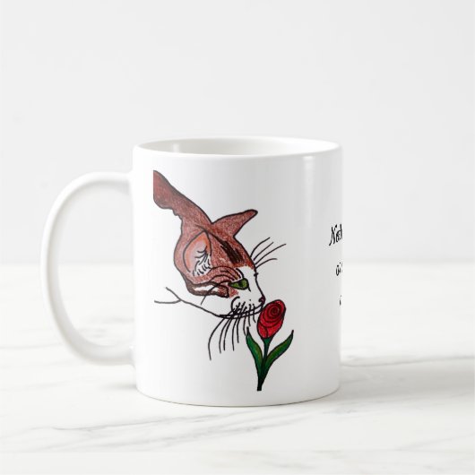 Katze riecht an einer Rose Kaffeetasse (Links)