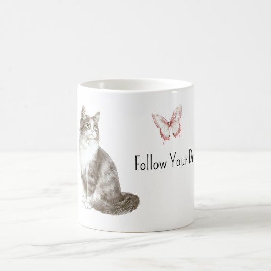 Katze Rosa Schmetterling Träume Kaffeetasse (Mittel)