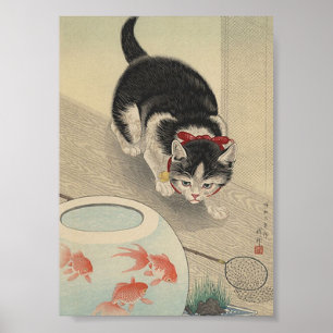 Katze Schauen Sie auf Fisch Japanisches Vintages T Poster