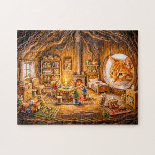 Katze schaut in gemütliches Mäuseheim Puzzle
