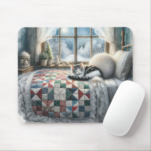 Katze schlafend auf Bettdecke Mousepad