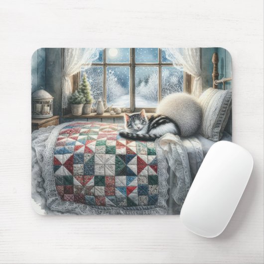 Katze schlafend auf Bettdecke Mousepad (Mit Mouse)