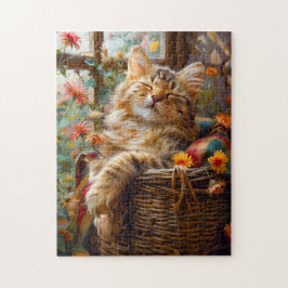 Katze schlafend auf Fensterbank zwischen Blumen Puzzle