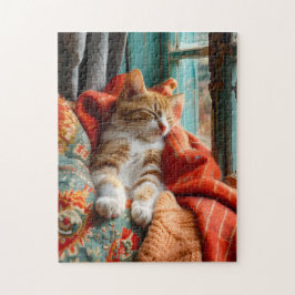 Katze schläft am Fenster mit Kissen und Decke Puzzle