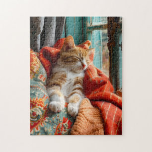Katze schläft am Fenster mit Kissen und Decke Puzzle