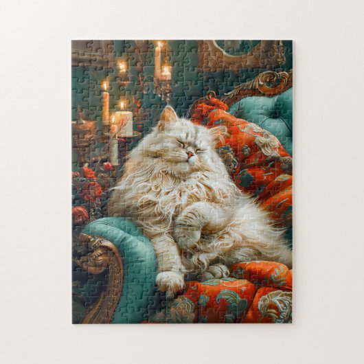 Katze schläft auf gemütlichem Sessel bei Kerzenlic Puzzle (Vertikal)