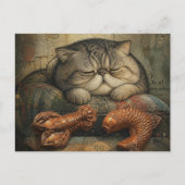 Katze schläft mit Hummer und Fisch Postkarte (Vorderseite)