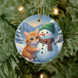 Katze & Schneemann Freunde Weihnachten Winter Begl Keramik Ornament