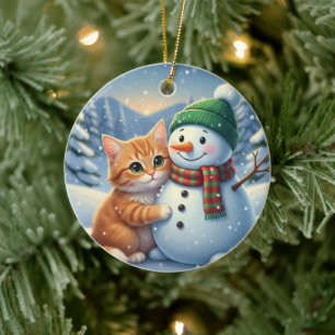 Katze & Schneemann Freunde Weihnachten Winter Begl Keramik Ornament