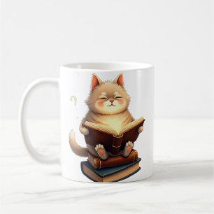 Katze schwebt im Weltraum und liest Buch Kosmische Kaffeetasse
