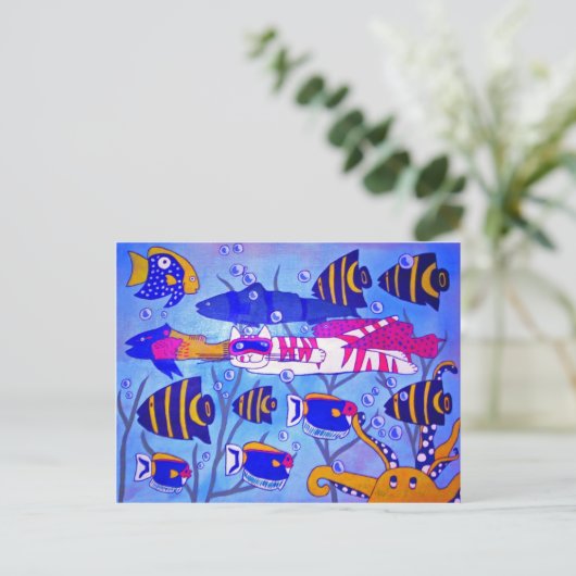 Katze Schwimmen mit Fischen Postkarte (Stehend Vorderseite)