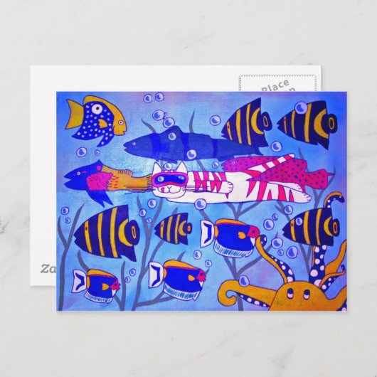 Katze Schwimmen mit Fischen Postkarte (Vorne/Hinten)