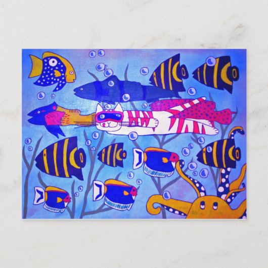 Katze Schwimmen mit Fischen Postkarte (Vorderseite)