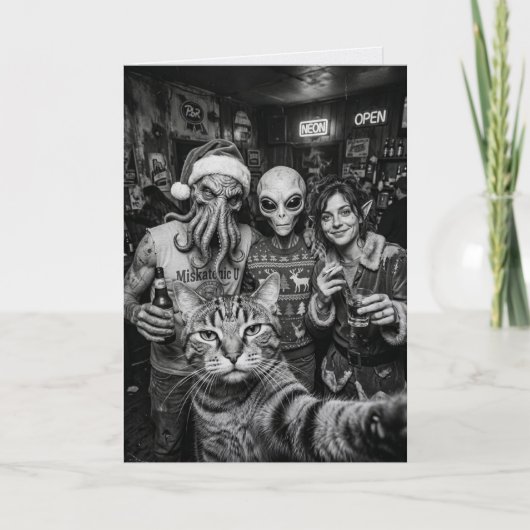 Katze Selfie Bigfoot Alien Weihnachtskarte Karte (Vorderseite)