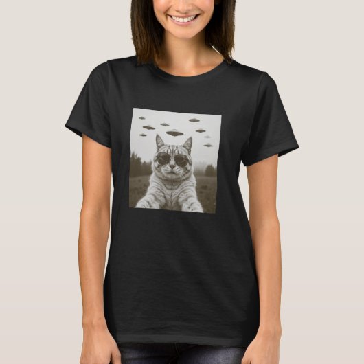 Katze Selfie mit Alien UFO Funny Cat T-Shirt (Vorderseite)