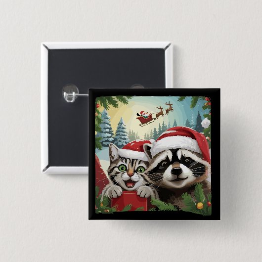 Katze Selfie mit Sleigh-Raccoon-Weihnachten Button (Vorne & Hinten)