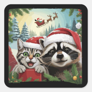 Katze Selfie mit Sleigh-Raccoon-Weihnachten Quadratischer Aufkleber