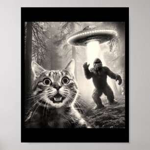 Katze Selfie Wald Bäume Außerirdischer Ufo Bigfoot Poster