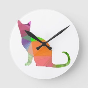 Katze Silhouette Low Poly Runde Wanduhr