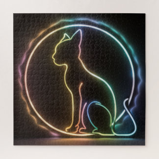Katze Silhouette Neonfarben schwarzer Hintergrund Puzzle