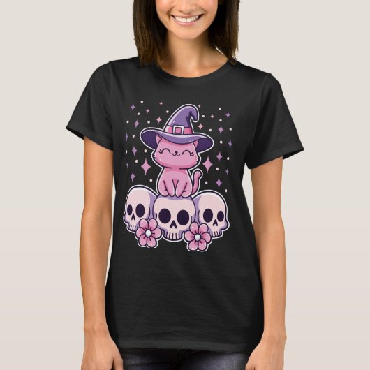 Katze sitzend auf Skulls Niedliche Creepy Pastel G T-Shirt (Vorderseite)
