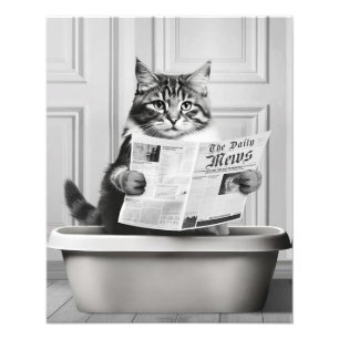 Katze sitzt auf der Toilette, Katze liest Nachrich Fotodruck